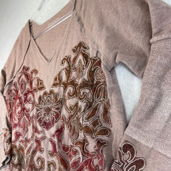 SOFT SURROUNDINGS Womens M Tan Floral Scroll Applique V-Neck Long Sleeve Tunic - Picture 3 of 10